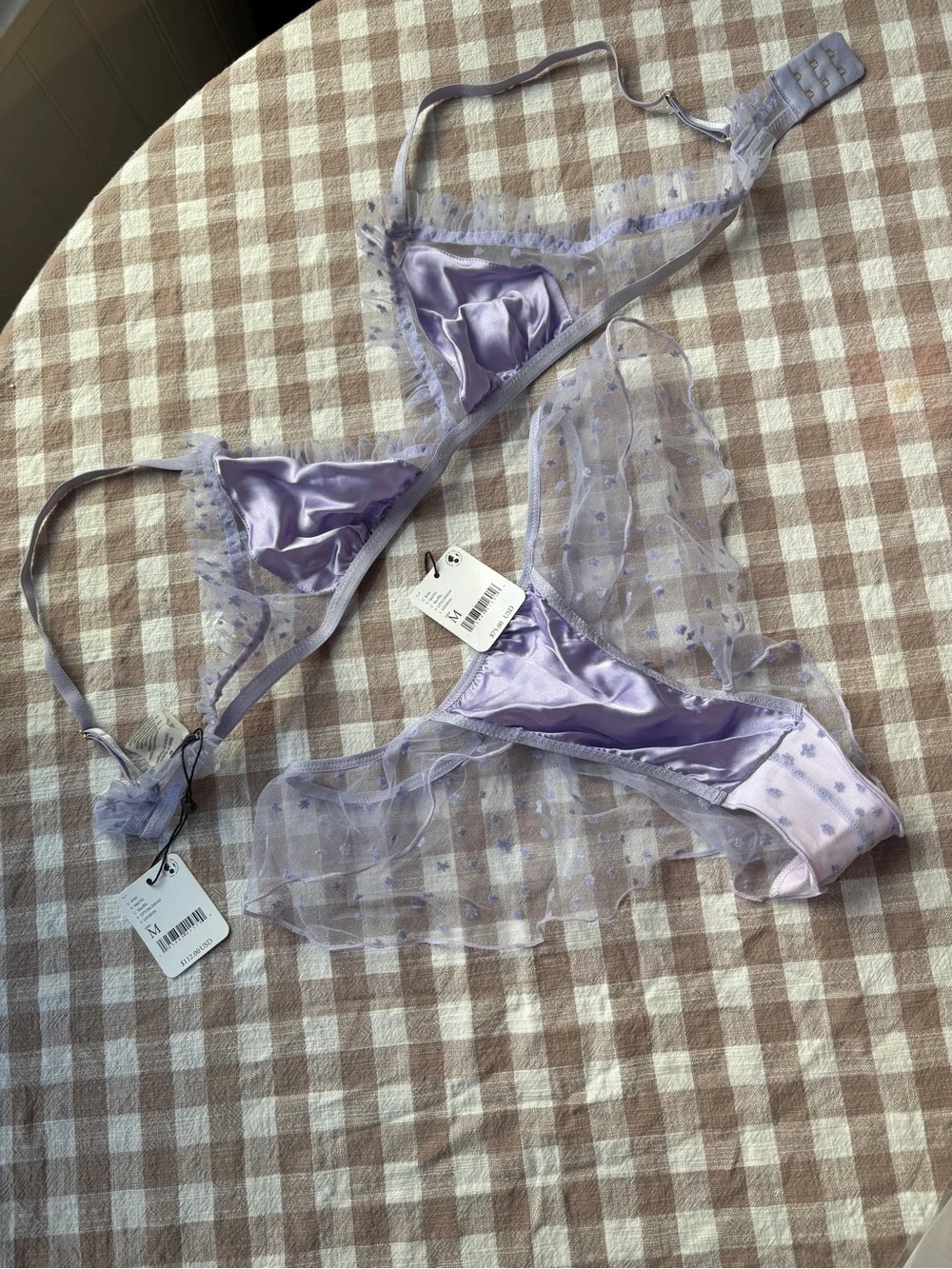 FREE PEOPLE Sheer Lilac Satin Triangle Bralette & Bikini Set